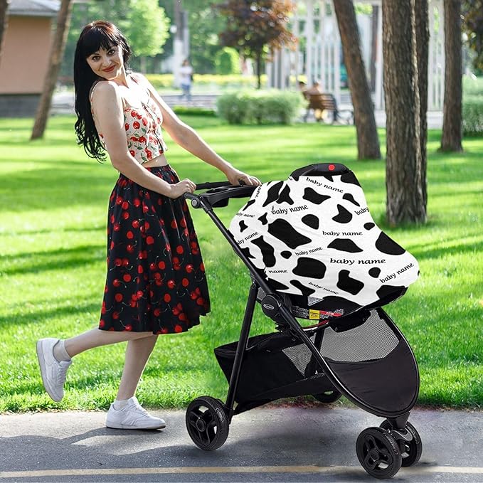 Personalized Baby Car Seat Cover for Babies, Custom Name Baby Car Seats Canopy for Boys Girls, Cow Stripes Nursing Breastfeeding Stroller Covers for Infant Newborn, Shower Gift for Baby
