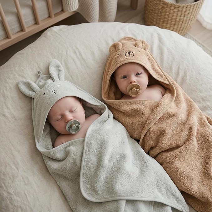 Hooded Baby Towels - 100% Organic Cotton Baby Bath Towels, 32" x 32" Super-Soft and Absorbent Baby Towels for Newborn 2-Pack (Rabbit Grey/Bear Natural)