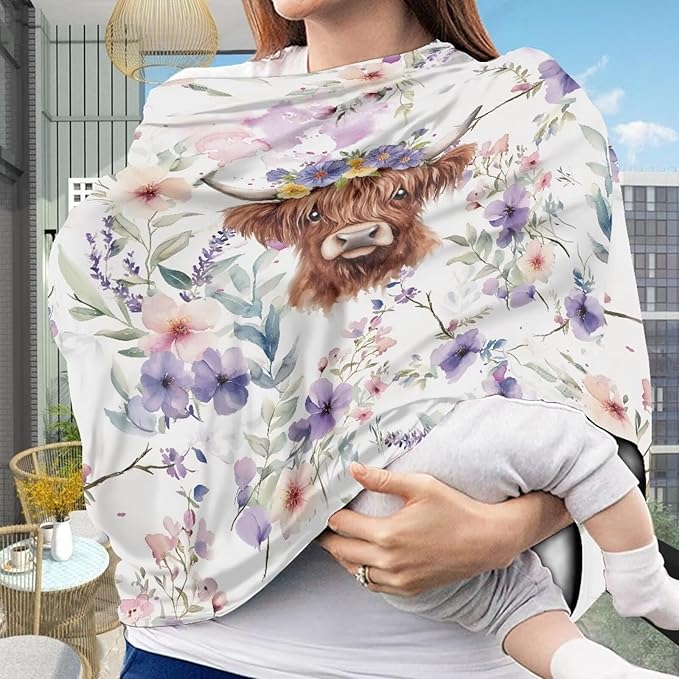 Wanyint Highland Cow Floral Violet Car Seat Covers Baby Car Canopy Shopping Cart Cover Scarf Lightweight Stroller Cover Women Mother Nursing Breastfeeding Covers