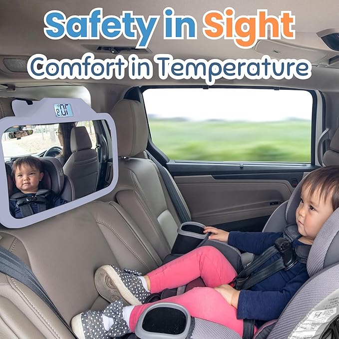 Theromirror - Baby Car Mirror with Temperature Display, Rear Facing Car Seat Mirror, Newborn Essentials, Wide Angle (Gray)
