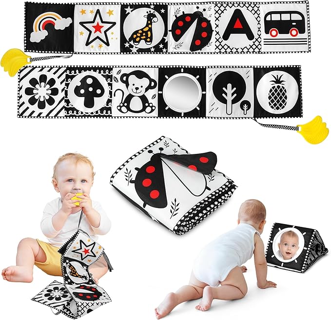 Melican Black and White High Contrast Baby Toys 0-6 6-12 Months, Soft Book with Teether, Newborn Infants Tummy Time Toys, 0-3 3-6 Month Sensory Visual Stimulation, Montessori Learning Essentials