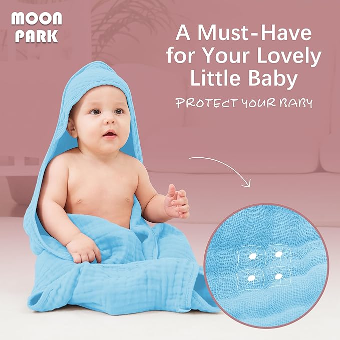 MOON PARK 2 Pack Muslin Hooded Baby Bath Towels for Newborns, Infants, Toddlers - 100% Cotton - Large 32x32Inch Size - Highly Absorbent and Essential, White and Aqua