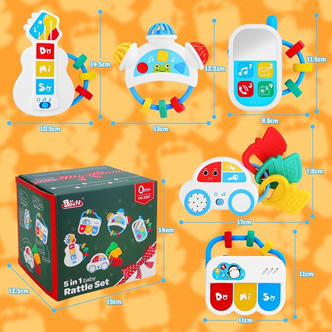 Baby Sensory Toys - 5PCS Baby Rattle Teething Toys Kits with Music, Infant Newborn Montessori Toys for Boys Girls 0-18 Months, Toddler Travel Toys Christmas