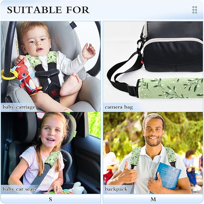2 Pack Seatbelt Covers Seat Belt Cover Pad for Adults Boys Girls Car Seat Strap Covers Pads Cushion Universal Shoulder Strap Pad Protector for Backpack Camera Bag 10x7.7Inch Green Branches and White B