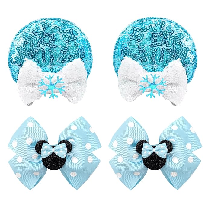 2 Pairs Blue Mouse Ears Hair Clips & Mouse Hair Bows Barrettes for baby Girls Accessories Birthday Party Decorations Gift