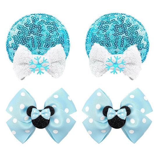 2 Pairs Blue Mouse Ears Hair Clips & Mouse Hair Bows Barrettes for baby Girls Accessories Birthday Party Decorations Gift