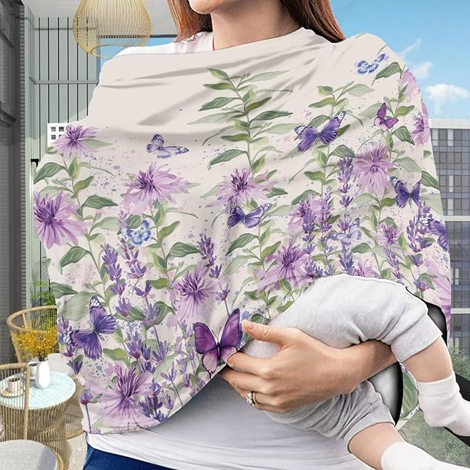 AFPANQZ Purple Flower Nursing Cover Breastfeeding Scarf Baby Car Seat Covers Infant Stroller Cover Carseat Canopy for Girls and Boys Lightweight Breathable for Outdoor Walking Traveling
