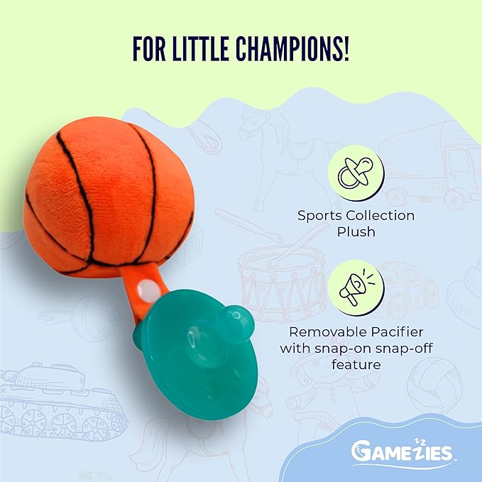 Gamezies Baby Boy and Girl Silicone Basketball Plush Pacifier Removable, Washable Plush Toy CPSIA Tested, BPA-Free 0-6 Months