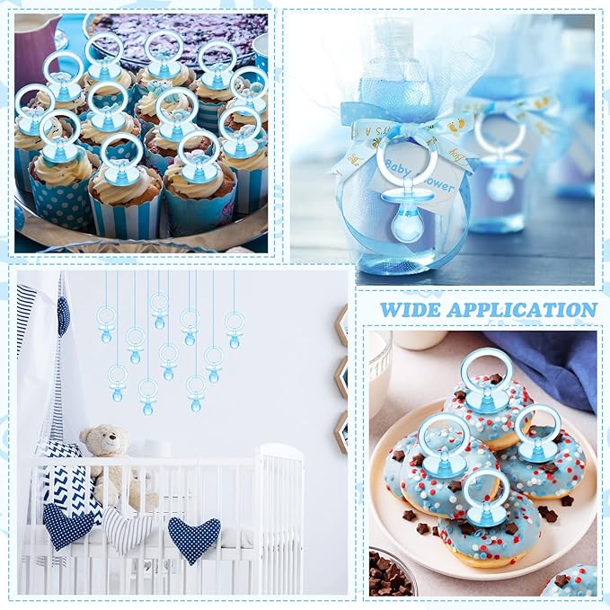 Junkin 60 Pieces Baby Shower Pacifiers Necklace Acrylic Pacifiers Necklace Charm for Girls Boys Baby Shower Party Favors Decorations, Boy Style(Blue, Gold)