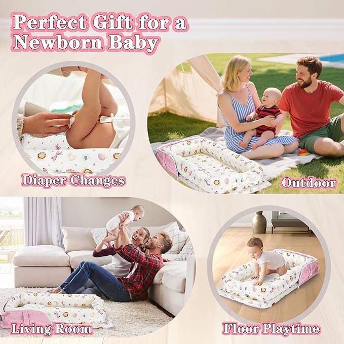 Baby Lounger for Newborn-Portable Baby Lounger 0-24 Months for Home and Travel,Newborn Loungers with Strap, Baby Nest Lounger Adjustable Size,Animal World Pink