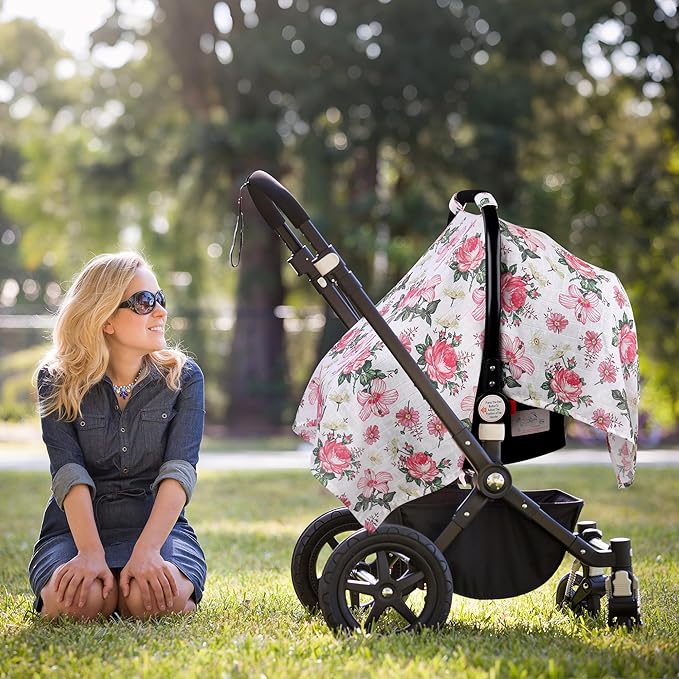 Metplus Car Seat Cover Baby Girl, 100% Muslin Cotton Infant Carseat Covers, Lightweight Breathable Car Seat Canopy, Summer Stroller Sun Shade, Newborn Travel Essentials (Pink Floral)