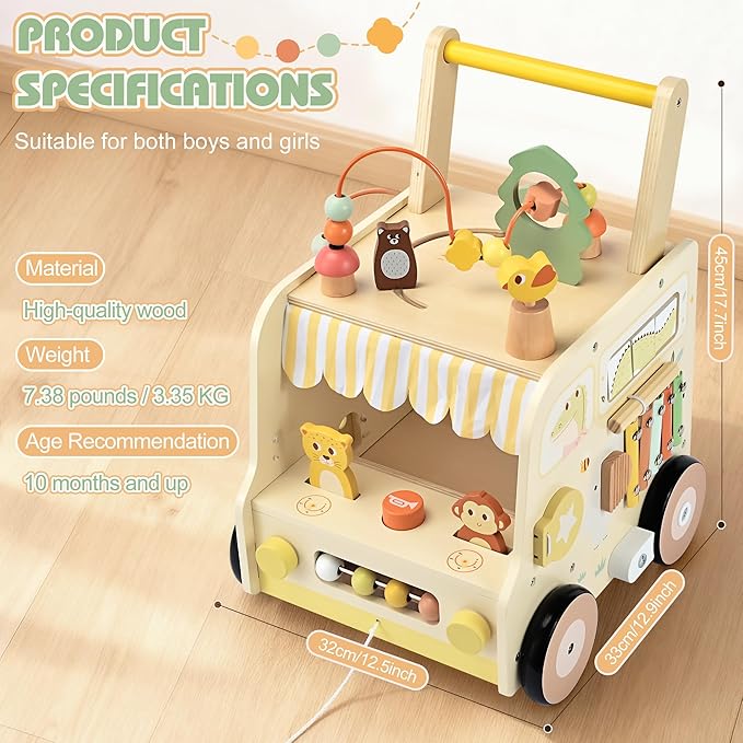 Pithfor Wooden Activity Cube Push Walker, Wooden Baby Walker, Montessori Toys for Babies 10-12 Months 1 2 3 Years Old Boys & Girls, Help Learning to Walk & Sit-to-Stand