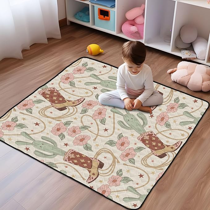 Baby Play Mat Cactus Cowboy Boots Floral 50 x 50 Playpen Mat Baby Play Mats for Floor Play Gym Crawling Mat Non-Slip Cushioned Baby Playmat for Infants, Babies, Toddlers