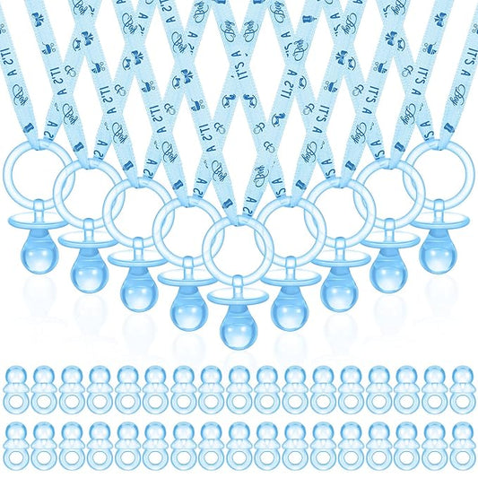 74 Pieces Baby Shower Pacifiers 24 Necklace Acrylic Plastic Pacifiers Baby Shower Game 50 Mini Plastic Charm Bulk for Party Decorations Games Table Scatter(Blue)