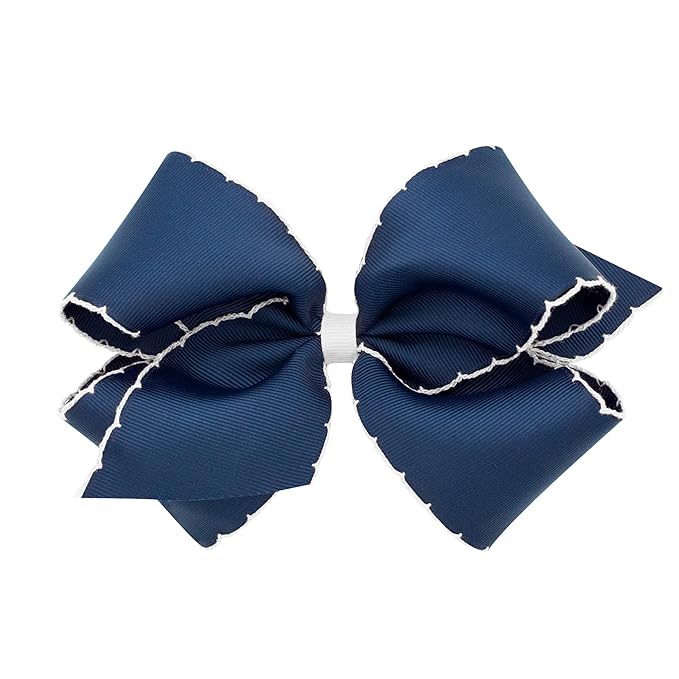 Wee Ones Girls' Classic Grosgrain Moonstitch Edge Hair Bow, No-Slip Hair Clip, Handmade, Navy with White, King
