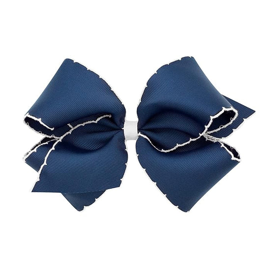 Wee Ones Girls' Classic Grosgrain Moonstitch Edge Hair Bow, No-Slip Hair Clip, Handmade, Navy with White, King