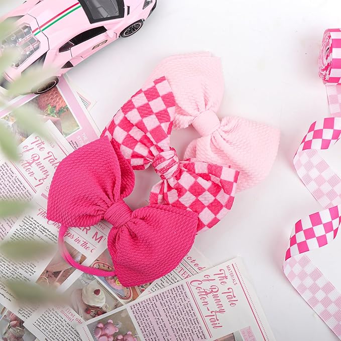 YanJie 3PCS 4.5’’ Checkered Bows for Baby Girls Headbands Hot Pink Headband Pink Hair Accessories for Girls Newborn Girl Clothes Baby Girl Outfits