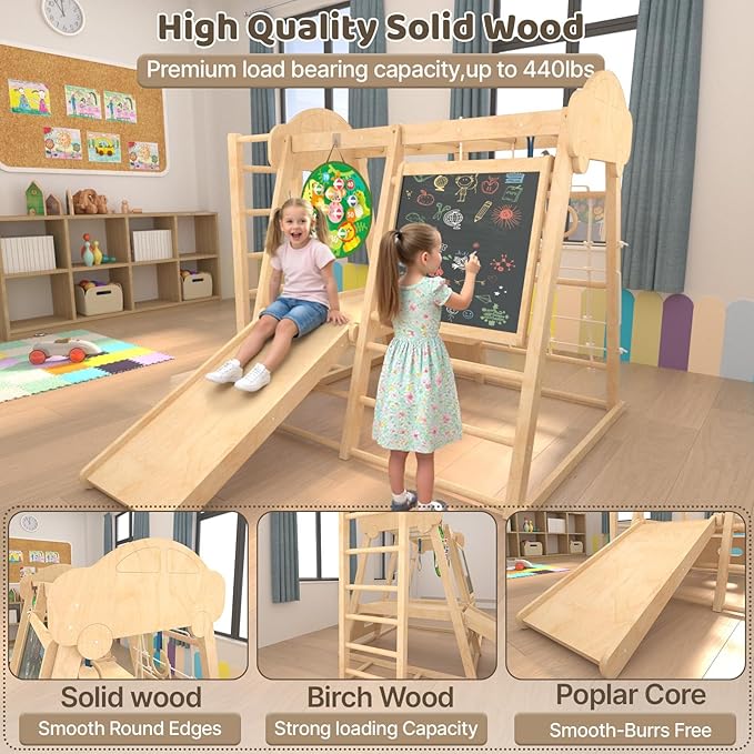 9-in-1 Indoor Jungle Gym, Montessori Indoor Playground for Toddlers,Wooden Climber Set with Swing, Slide, Monkey Bars, Climbing Neting, Upright Ladder, Climbing Ladder, Rings, Black Board, Dart Board