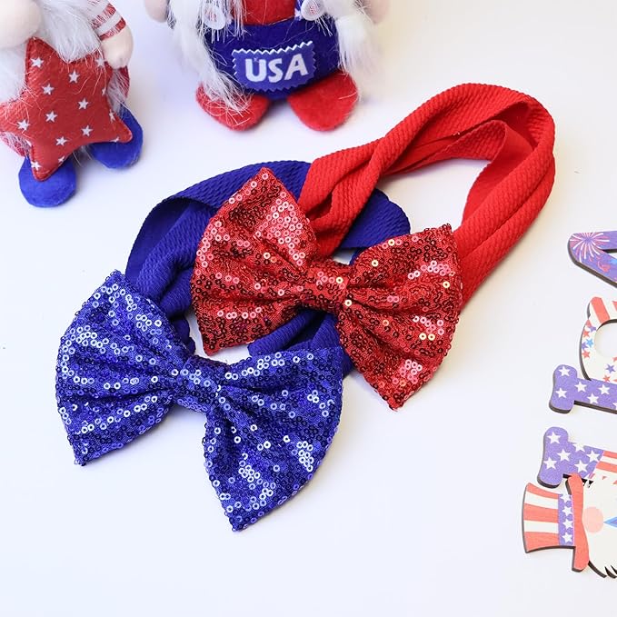 4th of July Baby Girl Accessories - Red Sequin Bow Headband, Blue Elastic Wide Hairbands for Newborns, Toddlers, Infants Gift