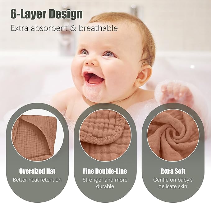 Spotted Play 2 Pack Hooded Baby Towels - 100% Muslin Cotton for Newborns, Infants, Toddlers - Large 32x32 Inch Size - Highly Absorbent and Essential for Newborn Care, Light Bean Paste