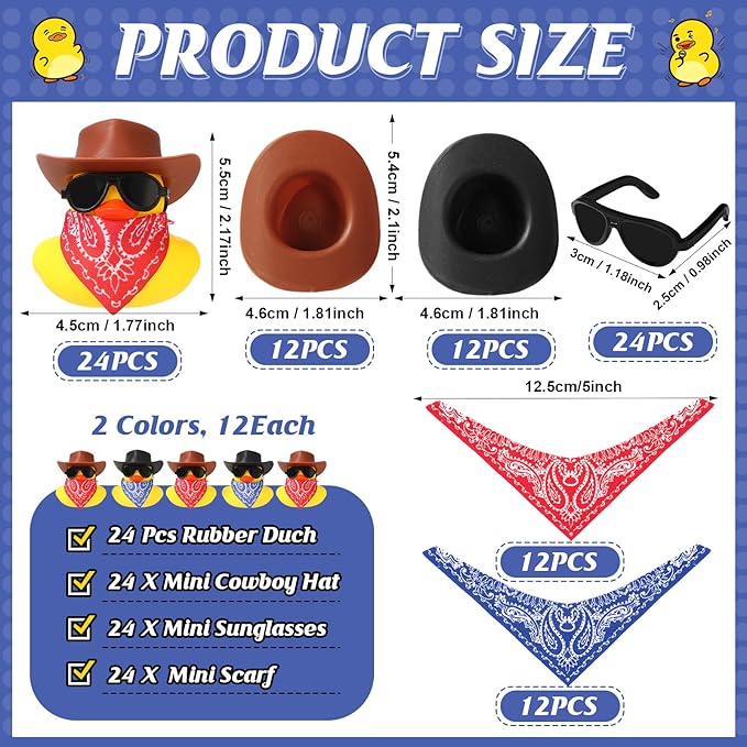 Sosation 24 Set Cowboy Rubber Duck Bulk Mini Yellow Duckies Party Tiny Ducks Toy with Cowboy Hat Paisley Bandanas Sunglasses for Birthday Party Favor(Vintage Style)