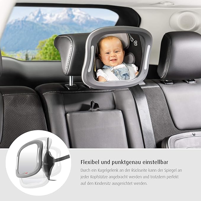reer BabyView 86101 LED Car Safety Mirror - Your Baby in the Back Seat Always in View, Grey