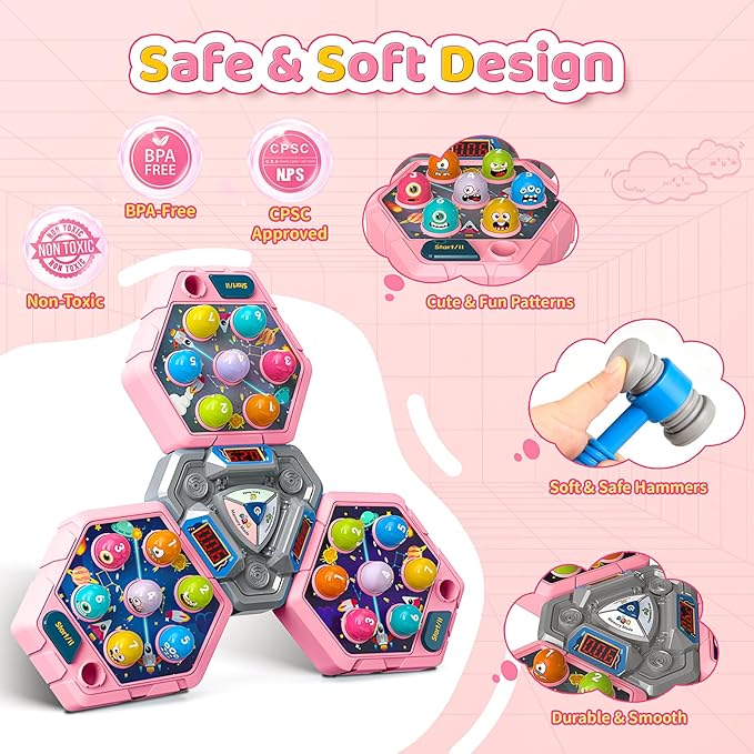 WAYKEE Whack a Game Mole, Toys for 3 4 5 6+ Year Old Girls Boys, Whack a Game for Kids, Gifts for 3-12 Year Old Girls Boys, Interactive Educational Toys with Multiplayer Hammers Sound and Light