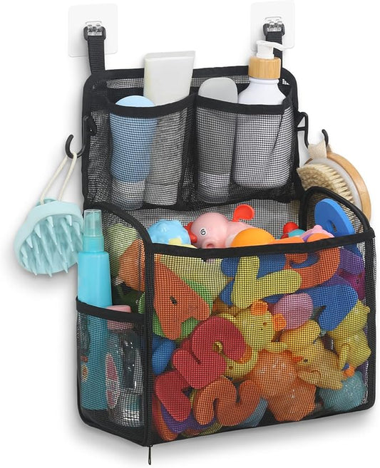 Goowin Bath Toy Storage Holder, Large Openings Bath Toy Organizer, Large Capacity Mesh Bathtub Toy Storage, Multi Use Bath Tub Toy Holder for Bathroom (Black)