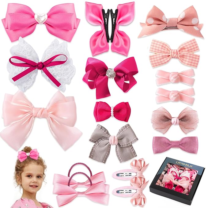 18pcs Pink Hair Bows for Baby Girls,Toddler Girls and Teen Girls.Alligator Hair Clips,Hair Barrettes,Hair Ties,Snap Clip Hairpins.Handmade Hair Accessories Gift Set