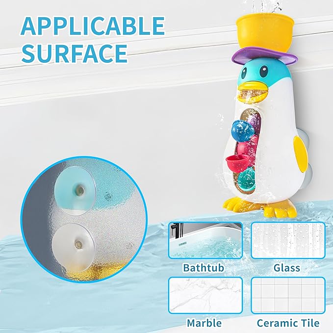Baby Bath Toys, Toddlers Waterfall Bathtub Toys with Suction Cups, Penguin Kids Bath Toys with Rotatable Waterwheel, Birthday Gift for Boys Girls