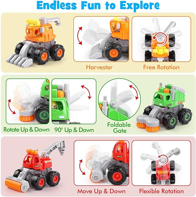 ORWINE Baby Boy Toys Cars, Push and Go Cars for Kids, Friction Powered Stunt Trucks, 4PCS Construction Vehicles Baby Toys for 2 3 4 5 Years Old Boys Girls, Birthday for Toddler Age 2-3