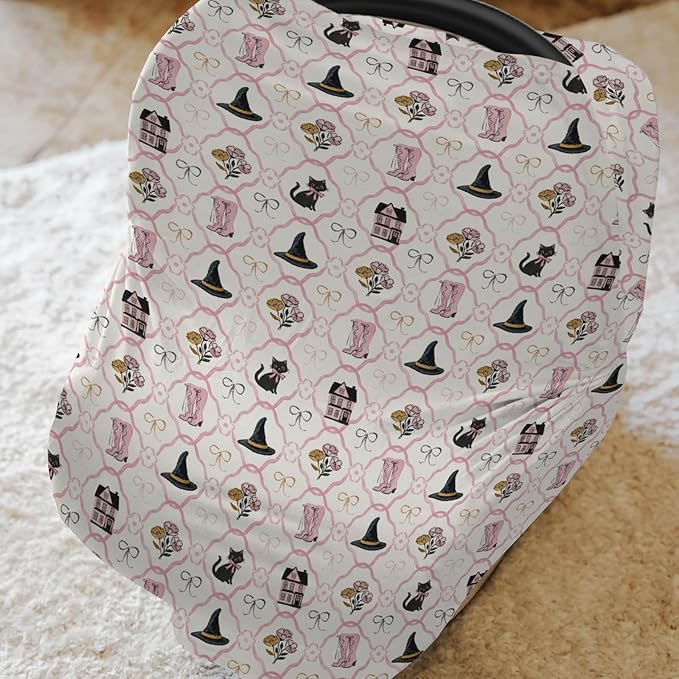 Cute Pink and Black Halloween Baby Car Seat Covers Witch Cat Castle Floral Bows Stretchy 5-in-1 Cover Adjustable Car Canopy Breastfeeding Cover Spooky Halloween Breathable Nursing Cover-Up