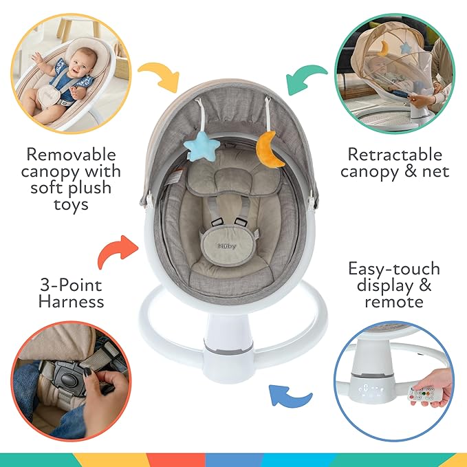 Nuby Baby Swing with Canopy and Remote - 5-Level Infant Swing with Soothing Sounds and Mobile App Control - 0-9 Months - Gray
