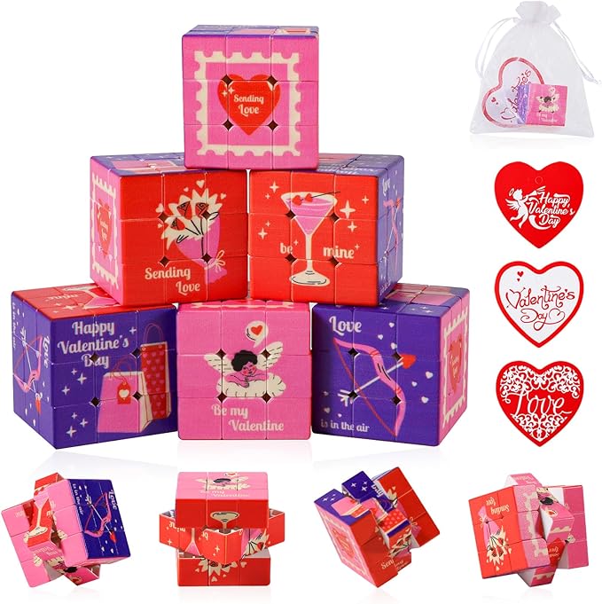 24 Pack Premium Valentine's Day Mini Cubes Set with Cards & Bags, 3x3x3 Puzzle Cubes (1.18 Inch) Heart-Themed Classroom Exchange Gifts, Valentines Gift, Bulk Party Favors, Goodie Bag Stuffers for Kids