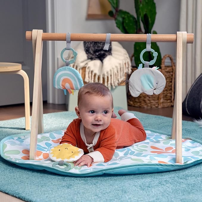 Ingenuity Sun Valley Wooden Baby Play Mat, Foldable A-Frame Bar, Machine-Washable Mat, Unisex, for Ages 0-36 Months