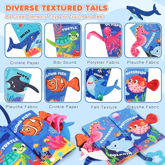 BBWOO Soft Baby Book Toy - Newborn Boy Girl Shower Gift - Tummy Time Toy for Infant 0-6 6-12 Months - Touch and Feel Sensory Crinkle Book with Teether - Baby Boy Girl Gift - Easter Basket Stuffers