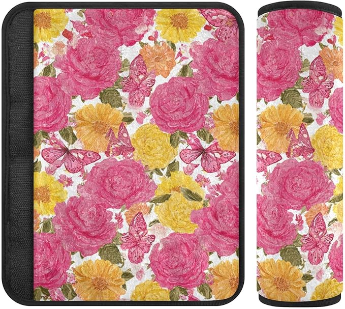 2 Pack Seatbelt Covers Seat Belt Cover Pad for Adults Boys Girls Car Seat Strap Covers Pads Cushion Universal Shoulder Strap Pad Protector for Backpack Camera Bag 6.5 Inch Roses Bloom and Butterflies