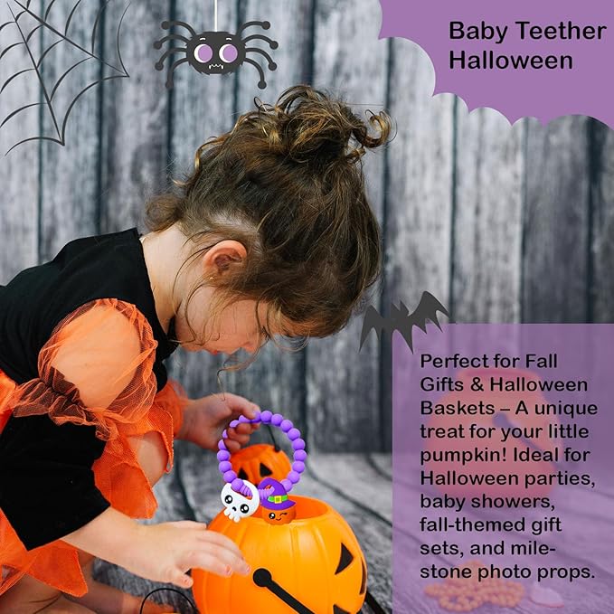 BIGSPINACH Halloween Teething Ring, Silicone Baby Teether with Witch and Cat Design, BPA-Free Infant Teething Toy, Easy to Hold,Safe for Babies and Toddlers (Colorful, Pumpkin＆Ghost) 2PC