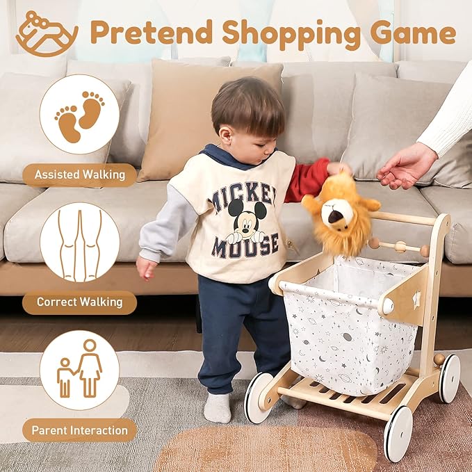 Woodtoe Wooden Baby Walker Doll Stroller, Adjustable Speed Shopping Cart for Toddlers 1-3, Baby Push Walker, Pretend Play Grocery Wagon, Baby Push Toys, Montessori Birthday Toy Gift for 1 2 3 Year Old