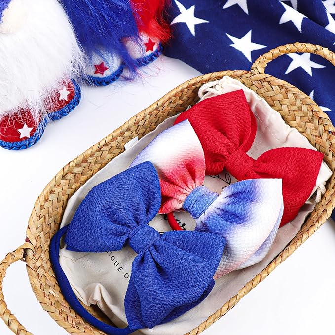 YanJie 4th of July Headband for Baby Girls and Toddlers - Red, White, and Blue Nylon Bows Accessories