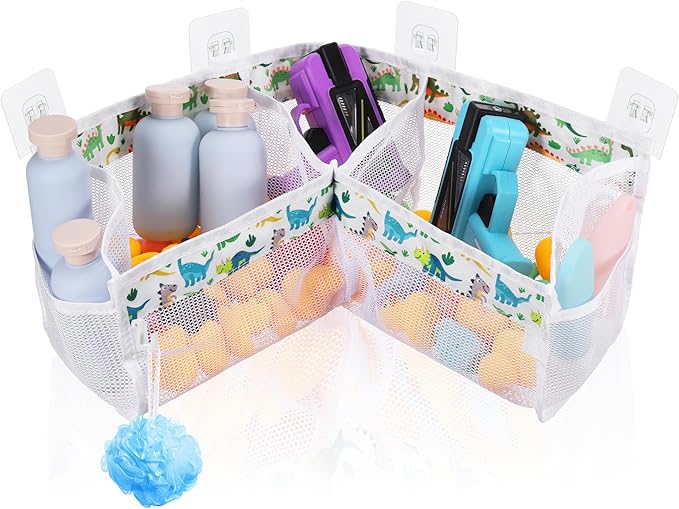 Bath Toy Storage Organizer, 3 Compartment Corner Bath Toy Holder for Tubs, Large Capacity & Quick-Drying Mesh - 4 Strong Adhesive Hooks for Easy Access