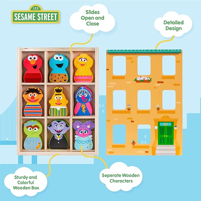 Kids Preferred Sesame Street Wooden Neighborhood Block Set with Storage Case, Toddler Sorting and Matching Blocks