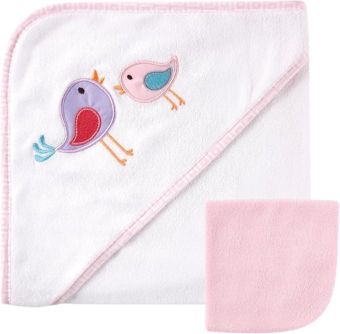 Luvable Friends Unisex Baby Hooded Towel and Washcloth, Pink Bird, One Size