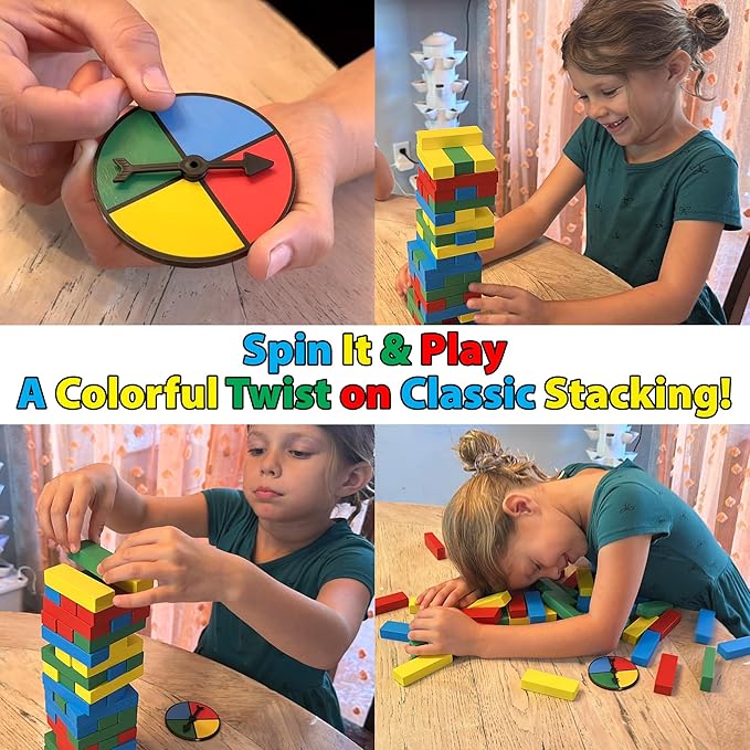Funwares Rainbow Stack Wooden Blocks Stacking Game, Tumbling Tower & Balance Game, Family & Party Fun, Ages 6+, Color Spinner-Based Twist on Classic Stacking Games