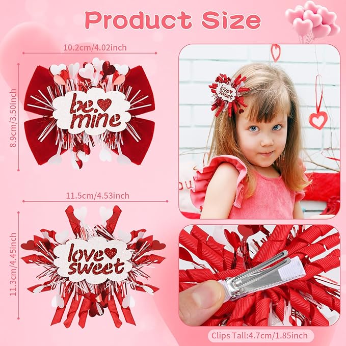 CN 4PCS Valentines Day Hair Bows for Girls Red Pink Love Heart Hair Clips Grosgrain Ribbon with Alligator Clips Hair Accessories for Kids Toddler Teens on Valentines Birthday