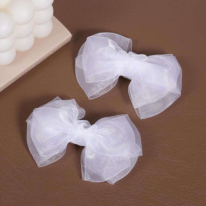 Mesh Hair Bows Clip White 4" Organza Double Tulle Bow Barrettes Alligator Pins for Teens Toddler Flower Girls Wedding Pageant Communion Birthday Party Dress Decorative Accessories