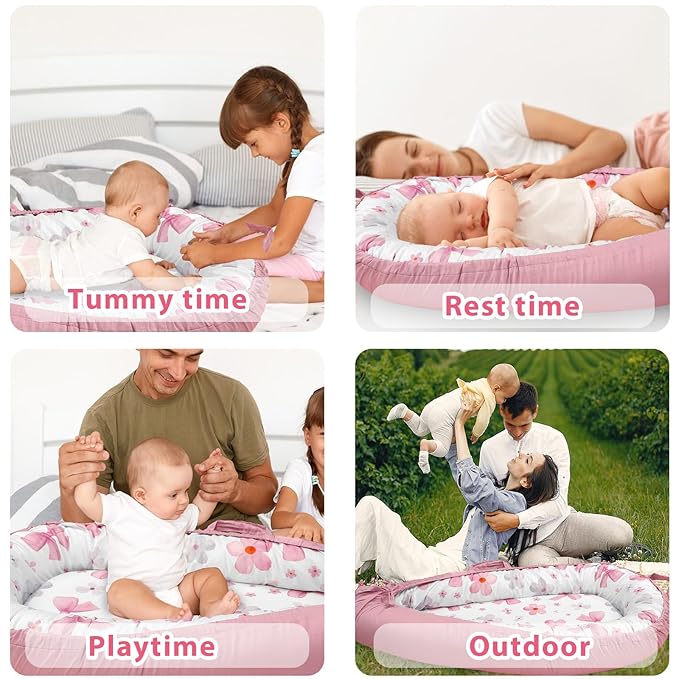 Hooyax Baby Lounger Cover Only, 100% Cotton Newborn Nest Cover, Soft Portable Baby Nest Replacement Cover for Boys Girls, Breathable Infant Lounger Covers, Baby Essential (Bow Flower)