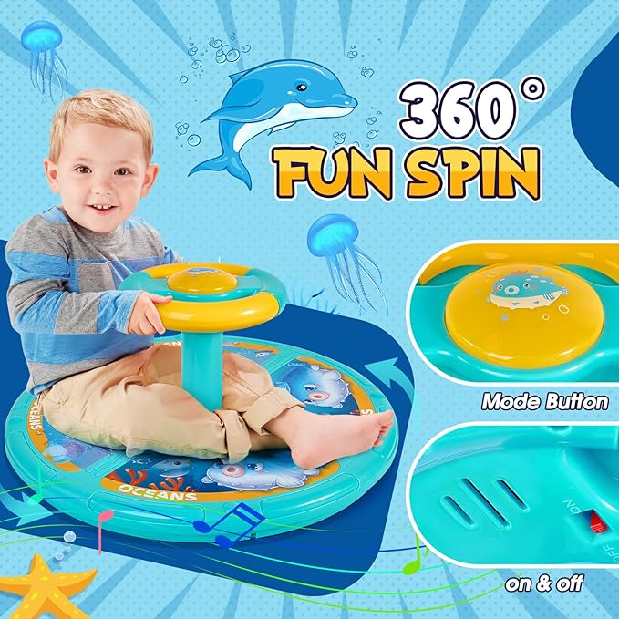 GODELAIF Sit and Spin, Christmas Birthday Gift Toddlers Sit and Spin Toy for 1-2 3 4 Years Old Girl Boy, 360° Ocean Interactive Sensory Spinning Toys for Ages 2-10 Kids LED & Sound with Free Stickers