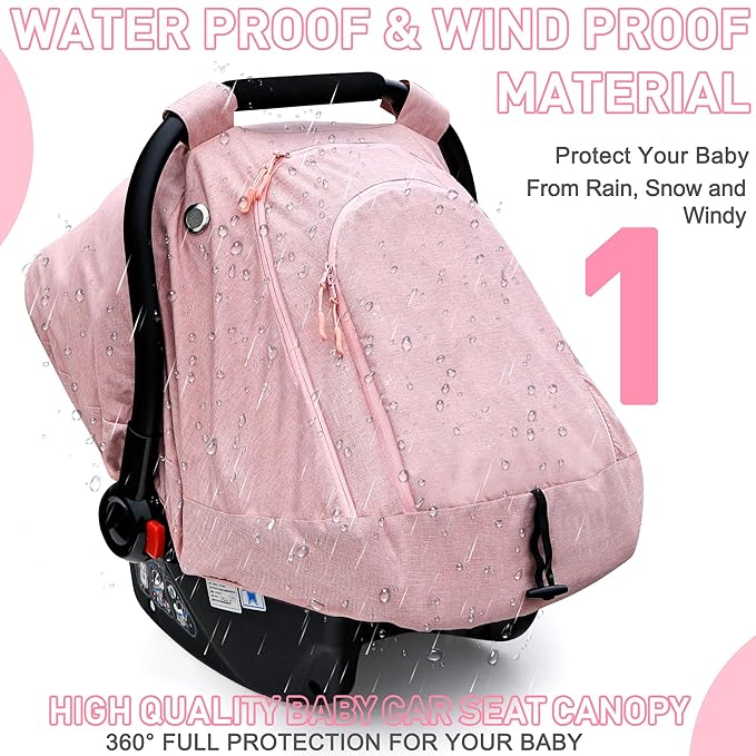 beatoutou Baby Car Seat Cover for Babies,Waterproof Baby Car Seat Cover for Girls,Infant Car Seat Cover Canopy for Girls,Windproof Car Seat Canopy for Girls, Keeps Babies Warm and Cozy (Pink)