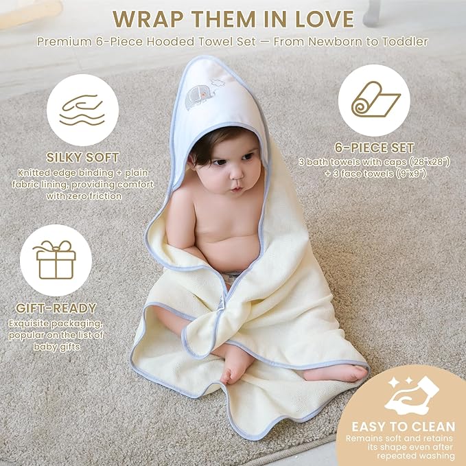 Softan Baby Hooded Towels and Washcloths Set 6 Pack, 28x28 Ultra Soft & Absorbent Baby Bath Towels for Newborn Infant Toddler, Unisex Boys Girls (Green Elephant)